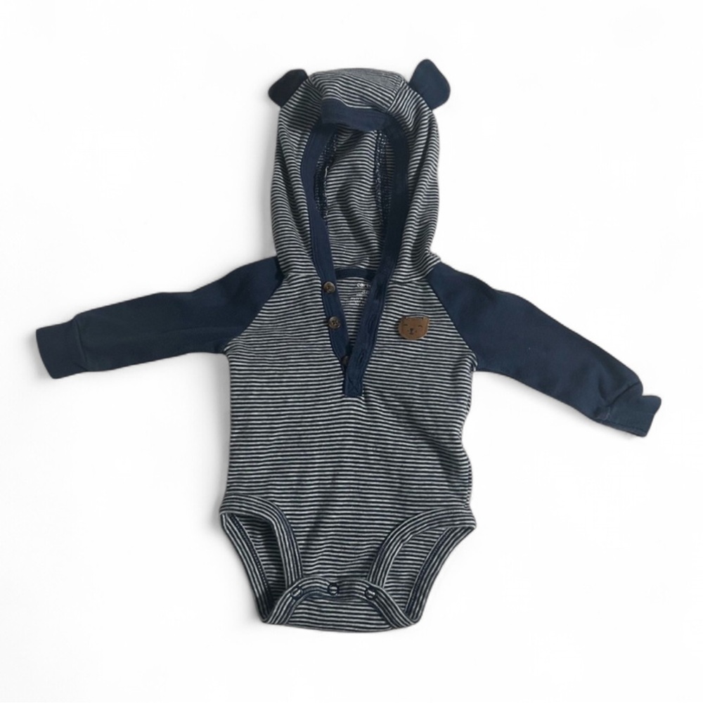 Striped Navy Blue & White Bear & Button Detail Baby Hooded One Piece 3 Month